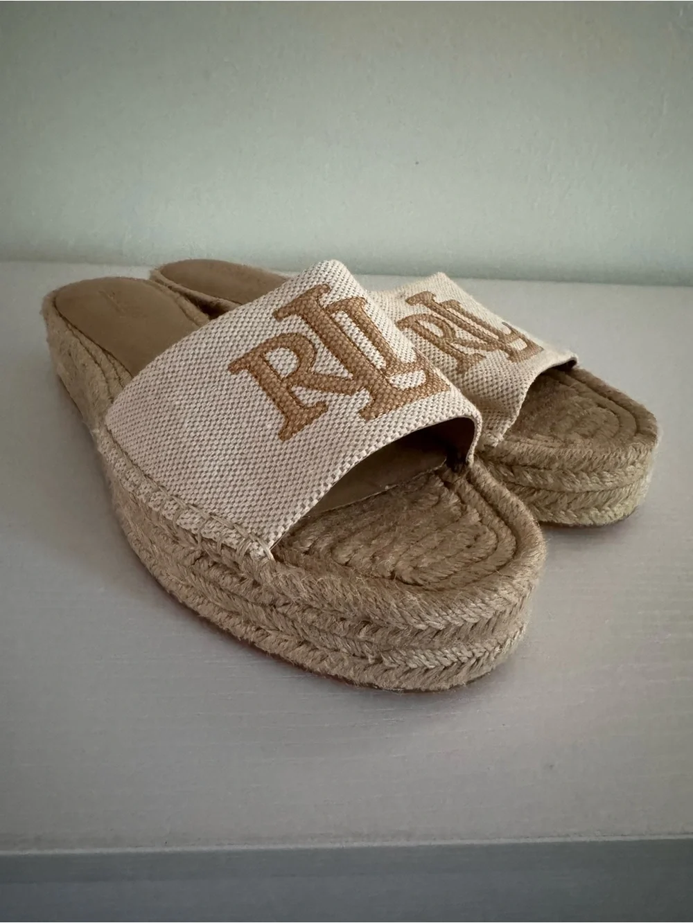 Lauren Ralph Lauren Cream and Tan Espadrille Slide Sandals